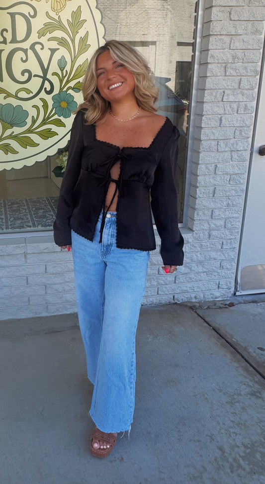 Black Cat Satin Tie Top